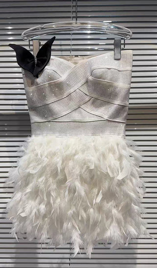 RHINESTONE FEATHER STRAPLESS MINI DRESS IN WHITE