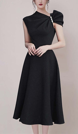 ASYMMETRIC SLEEVE PEARLS MIDI DRESS IN BLACK DRESS OH CICI