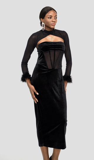 VELVET CORSET MAXI DRESS IN BLACK