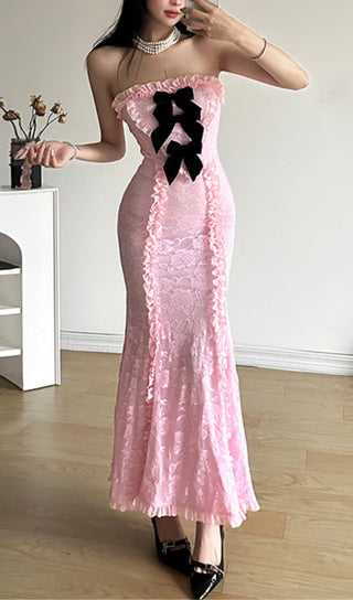 LACE STRAPLESS MIDI DRESS IN PINK