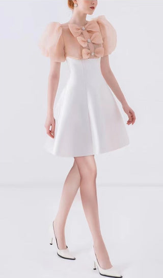 GAUZE BOW PUFF SLEEVE MINI DRESS IN WHITE