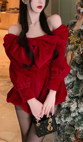 ONE-SHOULDER BOW VELVET MINI DRESS IN RED