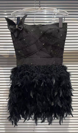 RHINESTONE FEATHER STRAPLESS MINI DRESS IN BLACK