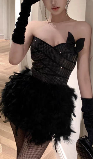 RHINESTONE FEATHER STRAPLESS MINI DRESS IN BLACK