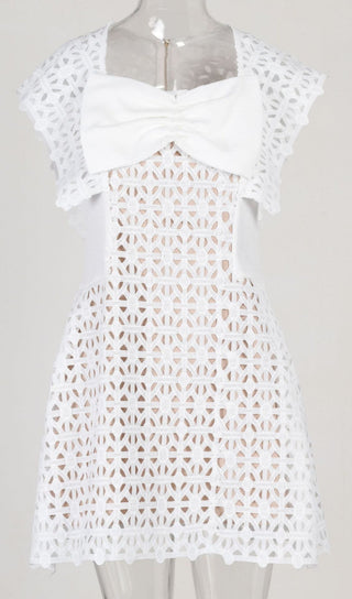 WHITE BOW EMBROIDERED MINI DRESS