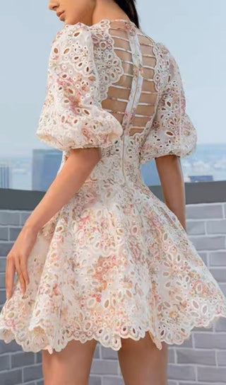 Puff Sleeves Cut-out Backless Floral Mini Dress