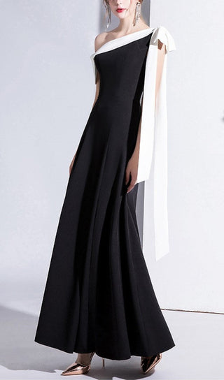 PAGGED BOW MIDI DRESS IN BLACK