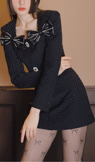 BLACK LONG SLEEVE BOW MINI DRESS