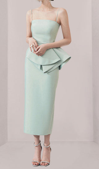 RUFFLE HIP WRAP MIDI DRESS IN MINT GREEN