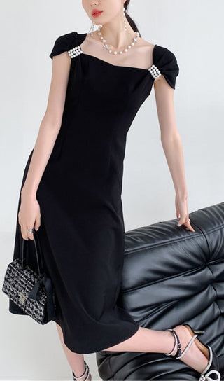 PEARL HALF SLEEVE BLACK FLOWING MIDI DRESS