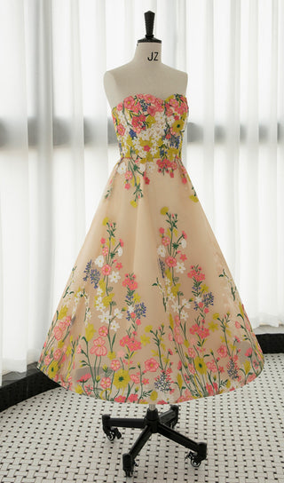 STRAPLESS TEA LENGTH FLORAL MIDI DRESS