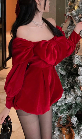 ONE-SHOULDER BOW VELVET MINI DRESS IN RED