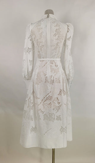 WHITE LACE EMBROIDERED FULL HEM MIDI DRESS