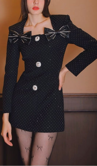 BLACK LONG SLEEVE BOW MINI DRESS