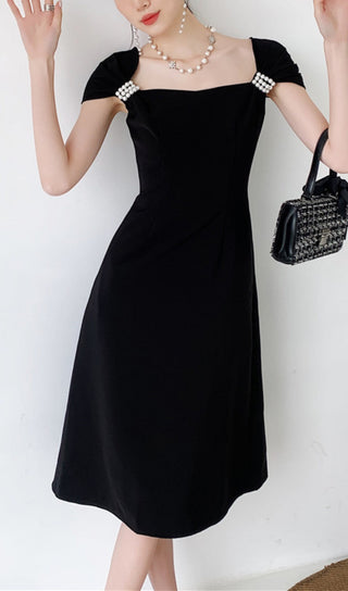 PEARL HALF SLEEVE BLACK FLOWING MIDI DRESS