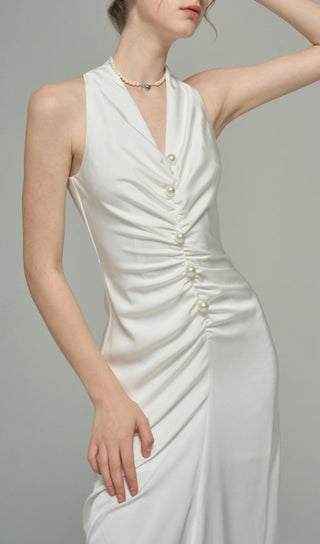 SATIN PEARL DECORATIVE DRESS IN WHITE-Oh CICI SHOP