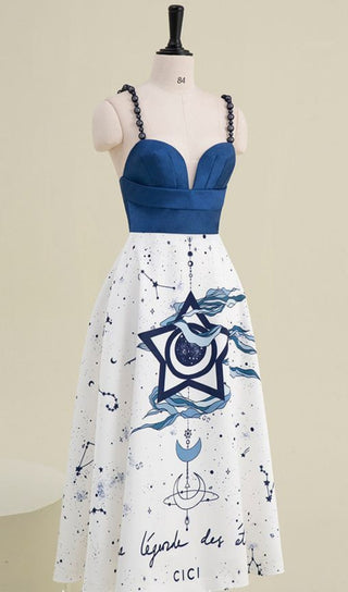 BEAD STRAP STAR PRINT A-LINE MIDI DRESS