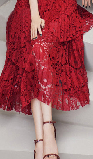 HOLLOW LACE SUSPENDER MIDI DRESS IN RED