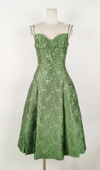 VINTAGE GREEN SUSPENDER JACQUARD MIDI DRESS