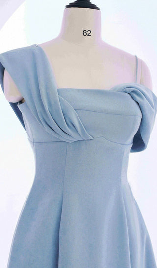 HAZE BLUE OBLIQUE SHOULDER MIDI DRESS