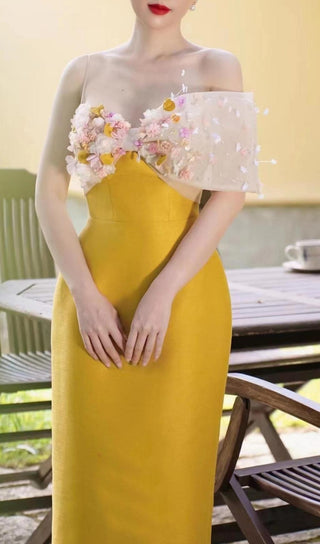 YELLOW FLOWER ONE WORD LED MIDI DRESS-Oh CICI SHOP