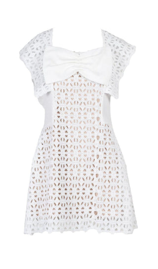 WHITE BOW EMBROIDERED MINI DRESS