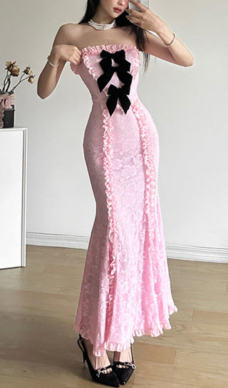 LACE STRAPLESS MIDI DRESS IN PINK