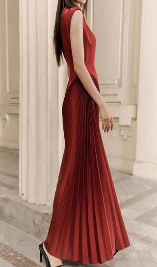 RED DIAGONAL PLEATED MIDI DRESS