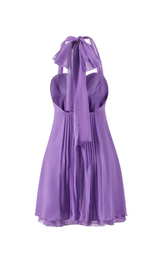 PLEATED HALTER MINI DRESS IN PURPLE