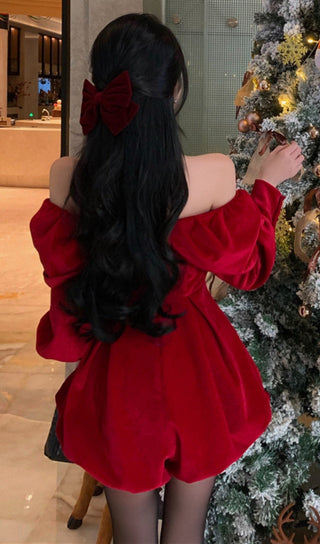 ONE-SHOULDER BOW VELVET MINI DRESS IN RED