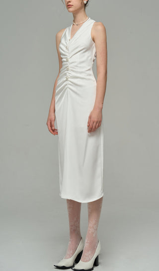 SATIN PEARL DECORATIVE DRESS IN WHITE-Oh CICI SHOP