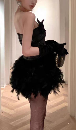 RHINESTONE FEATHER STRAPLESS MINI DRESS IN BLACK