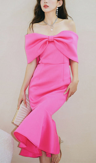 PINK BOW ONE-SHOULDER MIDI DRESS