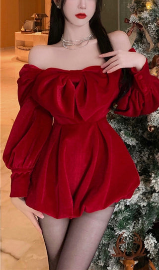 ONE-SHOULDER BOW VELVET MINI DRESS IN RED