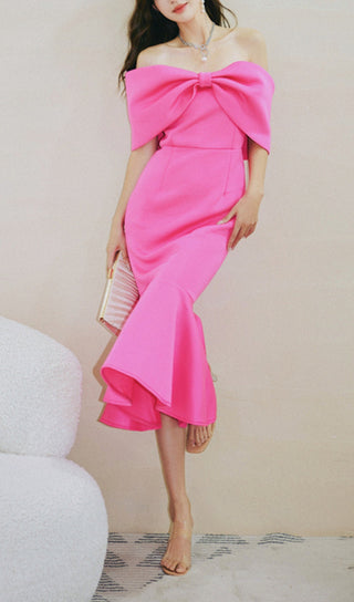 PINK BOW ONE-SHOULDER MIDI DRESS