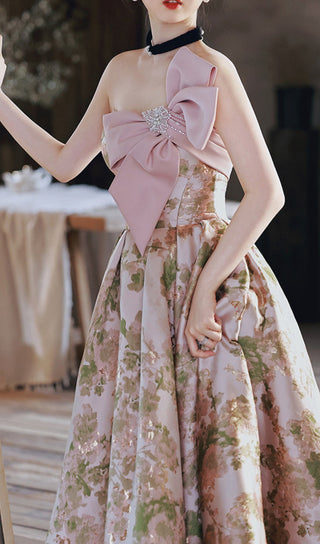 PINK BOW STRAPLESS FLORAL DRESS