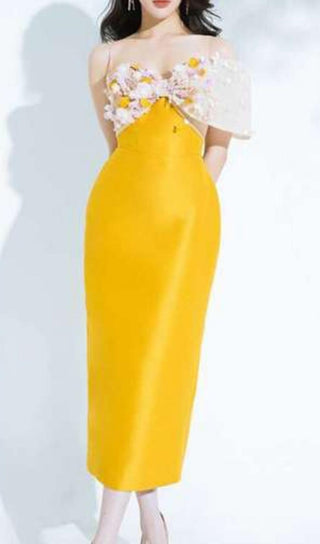 YELLOW FLOWER ONE WORD LED MIDI DRESS-Oh CICI SHOP