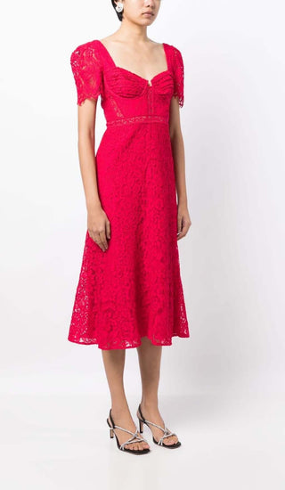 CREPE-TEXTURE LACED MIDI DRESS IN RED DRESS OH CICI 