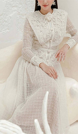 EMBROIDERY LACE LONG SLEEVE MIDI DRESS IN WHITE DRESS sis label 