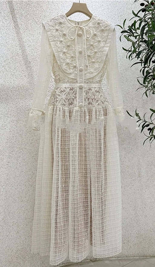 EMBROIDERY LACE LONG SLEEVE MIDI DRESS IN WHITE DRESS sis label 