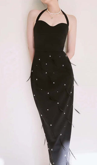 FEATHER RHINESTONES BODYCON MIDI DRESS IN BLACK DRESS OH CICI 