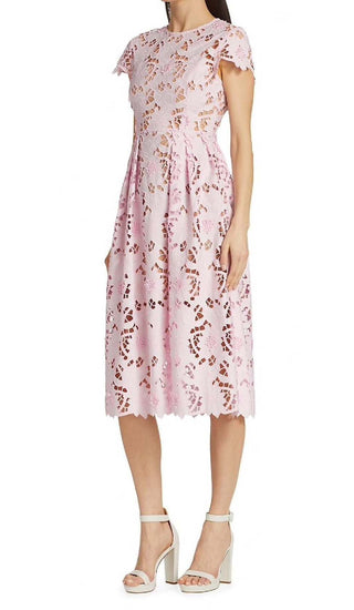 FLORAL LACE EMBROIDERED MIDI DRESS IN PINK DRESS ohcici 