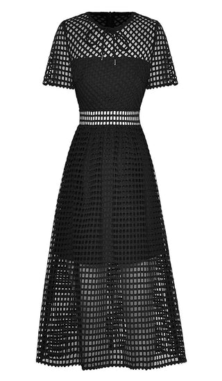 PUFFED SLEEVE LACE MIDI DRESS IN BLACK