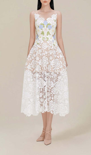 ROSES LACE A-LINE MIDI DRESS IN WHITE DRESS ohcici 