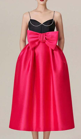 SPAGHETTI STRAP BOW RHINESTONE MIDI DRESS IN RED DRESS OH CICI 