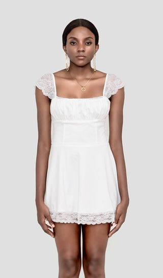 IRIS WHITE SATIN LACE MINI DRESS