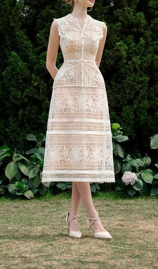 A-LINE SLEEVELESS SILK LACE MIDI DRESS OH CICI S BEIGE