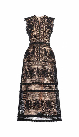 A-LINE SLEEVELESS SILK LACE MIDI DRESS OH CICI S BLACK