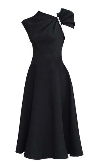 ASYMMETRIC SLEEVE PEARLS MIDI DRESS IN BLACK DRESS OH CICI