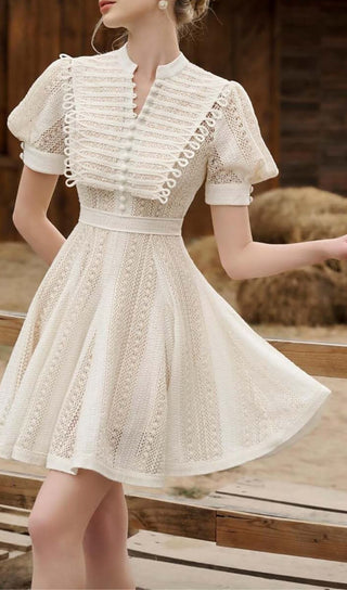 FLARED PUFFY SLEEVED LACE MINI DRESS IN WHITE DRESS OH CICI